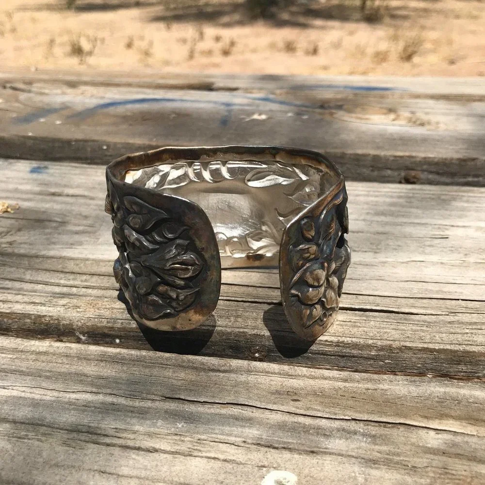 Labradorite Spectralite Sterling Silver 925 Cuff Bracelet Wide Floral Antique